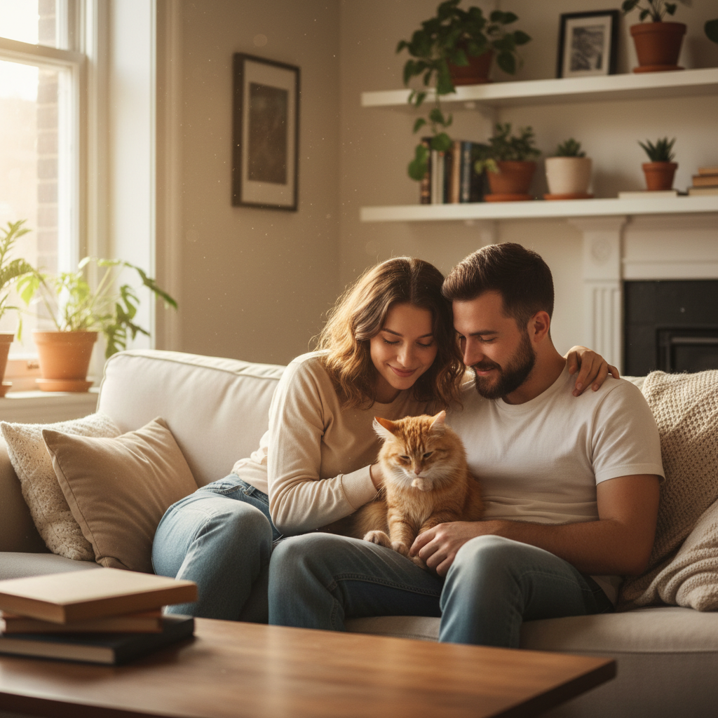 Couple with cat on couch
