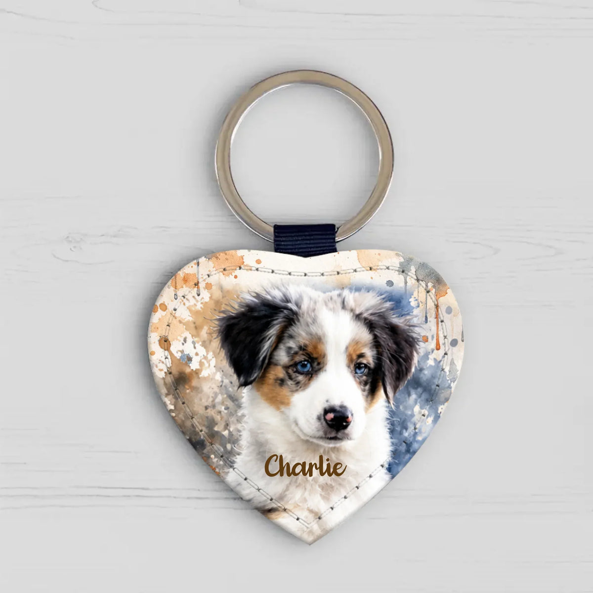 Heart faux leather keychain with a personalized watercolor pet portrait — example design