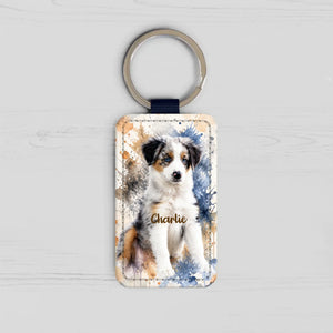 Rectangle faux leather keychain with a personalized watercolor pet portrait — example design
