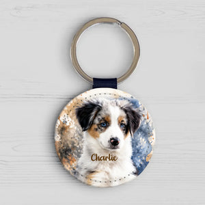 Round faux leather keychain with a personalized watercolor pet portrait — example design