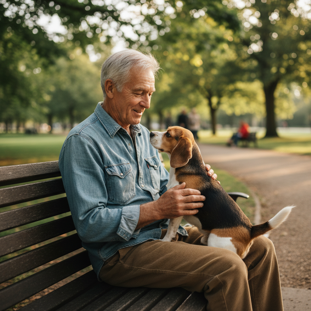 Elderly man with beagle on bench