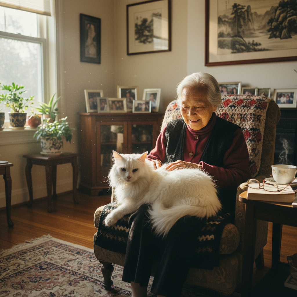 Elderly woman with white cat