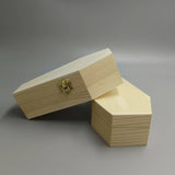 Natural pine coffin-style wooden pet urn with a brass-tone clasp; sold individually