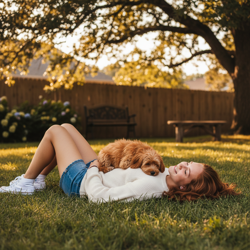 Teenage girl with small dog on grass