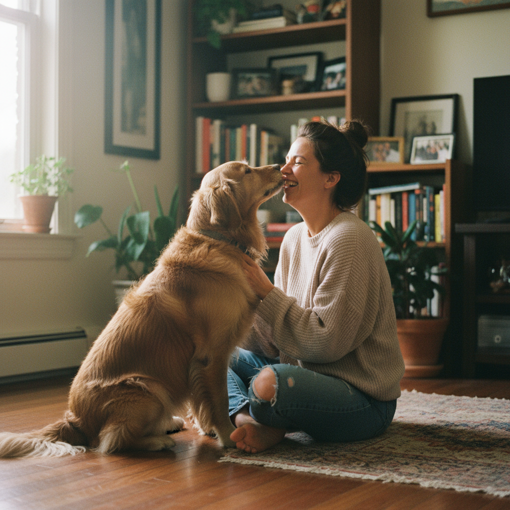 Woman laughing with golden retriever